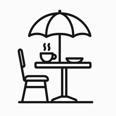 Outdoor café table with umbrella and coffee cup 