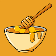 Golden Natural Honey with Honeycomb and Wooden Dipper – Pure Organic Sweet Food Isolated.