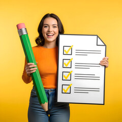 Happy Woman Holding Giant Green Pencil and Completed Checklist Board