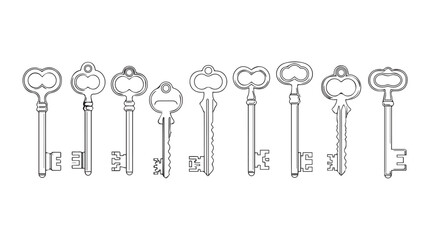 Collection of ornate antique skeleton keys vintage design elements on silhouette