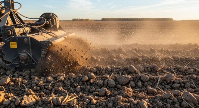 Dry soil crumbling under a rotary tiller in medium shot showcasing dust clouds and dry farming land ready for crop sowing.