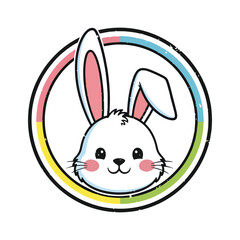 Obraz premium Cute cartoon bunny face with rosy cheeks inside a colorful circle, perfect for Easter celebrations
