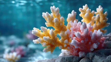 Vibrant Yellow and Peach Coral Close Up in Deep Blue Ocean Water