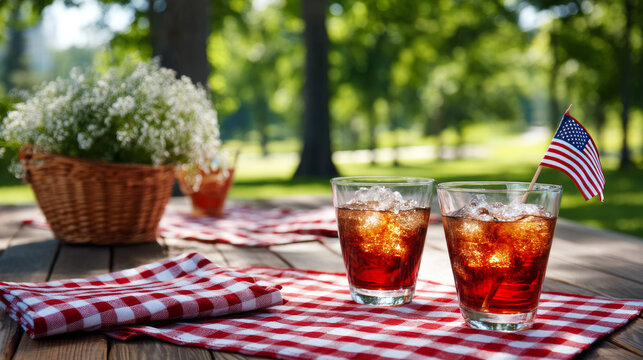 July 4, Independence Day traditional American picnic background. Plates, glasses, USA flags on green lawn or meadow grass, with blanket or tablecloth for