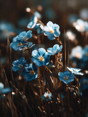 Close-up of delicate blue flax flowers blooming in a serene garden with soft bokeh background