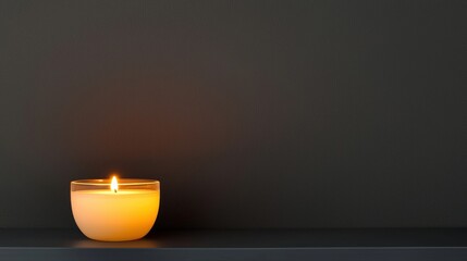 A single candle in a glass holder on a shelf.