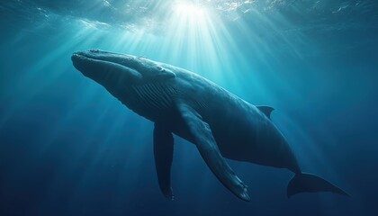 Fototapeta premium Majestic blue whale dives deep underwater. Sunlight streams from ocean surface, illuminating marine life. Peaceful giant swims gracefully in blue water, highlighting ocean conservation, biodiversity.