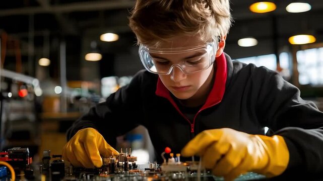 Person wearing safety goggles and yellow gloves assembles an electronic circuit board in a workshop.