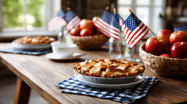 July 4, Independence Day traditional American picnic background. Plates, glasses, USA flags on green lawn or meadow grass, with blanket or tablecloth for  - Powered by Adobe