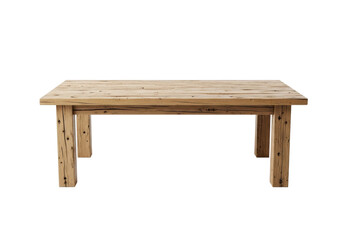 Sturdy rectangular light brown weathered reclaimed wooden table with prominent grain, cracks, and imperfections, on a transparent studio background with copy space, soft lighting. Concept for product