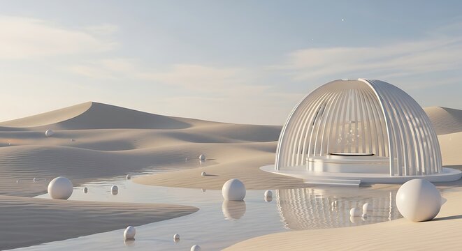 Futuristic geodesic dome structure in a serene desert landscape with reflective water and floating spheres