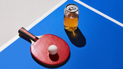 Cold beer can with table tennis paddle and ball on blue sport surface under bright sunlight....