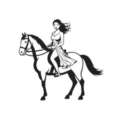 Black and white line art of a beautiful woman with perfect body riding horse elegant minimalist illustration
