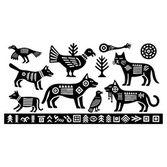 Black and white vector set of ethnic animal illustrations.