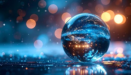 Crystal sphere reflecting city lights