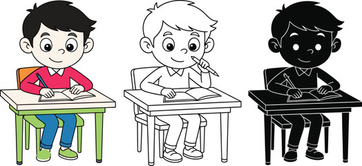 Cartoon school boy studying writing at desk illustration vector