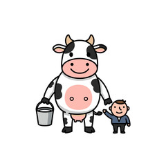 Fototapeta premium Cartoon cow with bucket and little boy