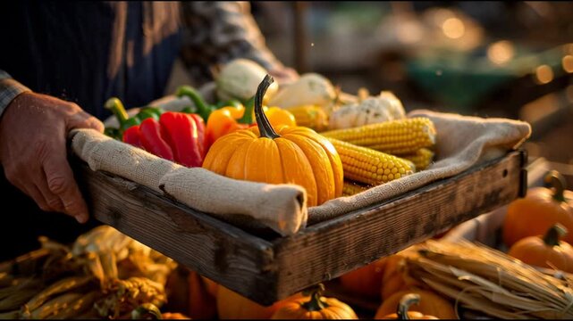 Farmer's market moment, present box of organic vegetables in daily morning activity.