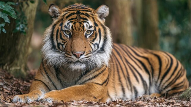 Malayan tiger resting in dense forest with vibrant orange fur and distinct black stripes, endangered wildlife in natural habitat, close-up of majestic big cat in tropical jungle - Powered by Adobe