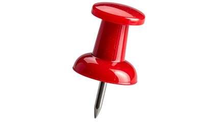 Red push pin, also called a thumbtack or pushpin, used to attach a note or memo to a board, is a sharp object for the office on PNG white background.