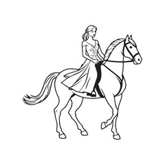 Black and white line art of a beautiful woman with perfect body riding horse elegant minimalist illustration