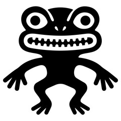 Black frog illustration with open mouth and sharp teeth.