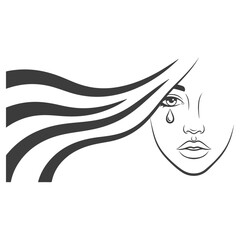 Woman with flowing hair and a tear, minimalist line art.