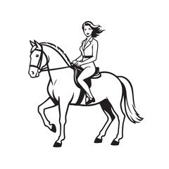 Fototapeta premium Black and white line art of a beautiful woman with perfect body riding horse elegant minimalist illustration