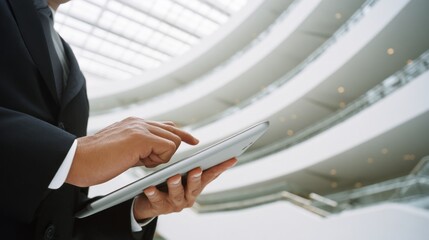 Businessman uses digital tablet in modern office building to manage tasks and communicate effectively with team members