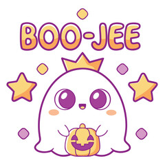 Charming boojee ghost with a crown and pumpkin isolated on white background, perfect for halloweenthemed designs and festive projects