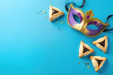 Rosh Hashanah (jewish New Year holiday) concept layout. Traditional symbols: pomegranate, apples, honey on light blue background, copy space. Happy Rosh Hashana. Shana Tova.