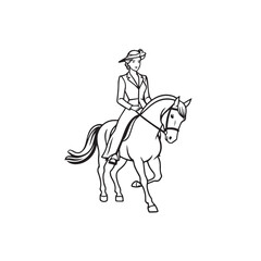 Black and white line art of a beautiful woman with perfect body riding horse elegant minimalist illustration