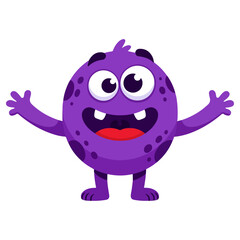 Cheerful purple monster with open arms and big smile.