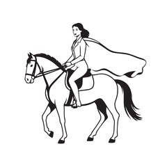 Black and white line art of a beautiful woman with perfect body riding horse elegant minimalist illustration
