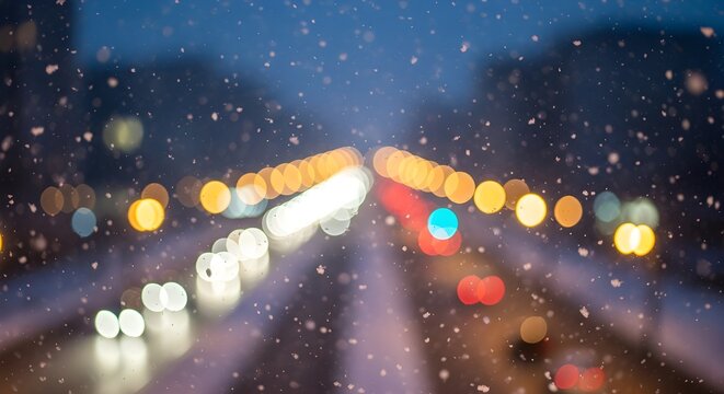 winter city night snowfall car lights bokeh abstract