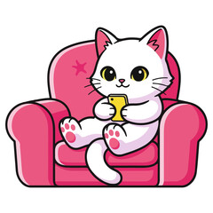 Cute white cartoon cat relaxing on a pink armchair with a smartphone.