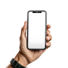 Hand holding modern black smartphone with blank white screen mockup, isolated on white background