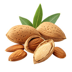 Group of whole and cracked almonds with leaves isolated on transparent background
