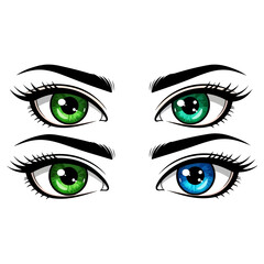 Eyes of different colors staring intensely at the viewer.