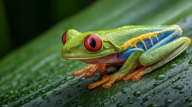 Close-up portrait of a vibrant red-eyed tree frog (agalychnis callidrya) perched on a green tropical leaf in indonesia rainforest, exotic amphibian wildlife photography, colorful nature macro shot