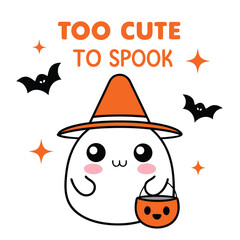 Adorable ghost wearing a witch hat and holding a pumpkin basket isolated on white background, perfect for halloween designs