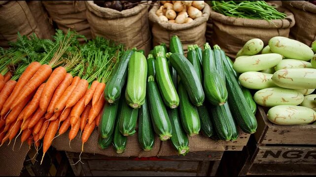 Morning sun with raw vegetable line on counter, highlighting freshly harvested vegetables being arranged with attention to detail.