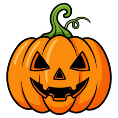 Smiling Halloween pumpkin with carved face and green stem.