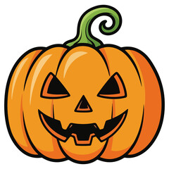 Smiling Halloween Pumpkin with Carved Face and Green Stem.