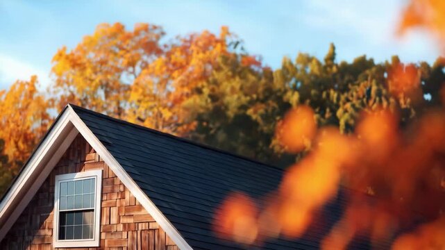 Autumn scene with a house featuring a steep gable roof and vibrant orange fall foliage against a blue sky.