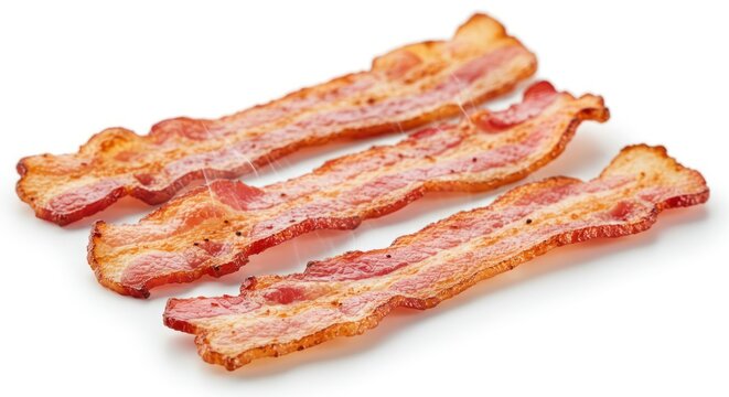 Three strips of cooked bacon on a white background