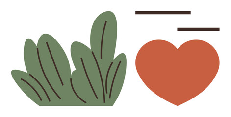 Obraz premium Red heart symbol next to green leaves with minimalist lines. Ideal for nature, love, health, eco-friendliness, wellness, relationships, sustainability. A simple flat metaphor