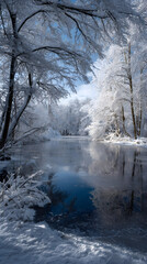 Discover the Tranquil Beauy of a Frozen Winter Lake:An Enchanting Winter Wondeland Amidst Snow-Covered Tees and Stunning Natural Tanquility