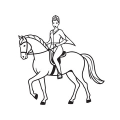 Black and white line art of a beautiful woman with perfect body riding horse elegant minimalist illustration