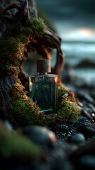 Sleek Perfume Bottle Nestled in Lush Green Moss and Textured Tree Roots in Golden Light